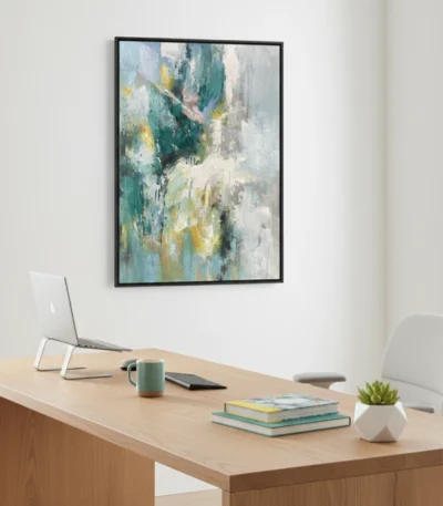 Layered abstract hand-painted canvas in teal, gold, and cream with gestural brushstrokes, modern office space