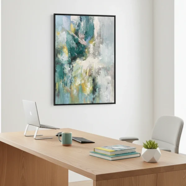 Layered abstract hand-painted canvas in teal, gold, and cream with gestural brushstrokes, modern office space