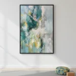 Layered abstract hand-painted canvas in teal, cream, and mustard tones with gestural brushwork, contemporary living space