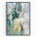 Layered abstract hand-painted canvas in teal, cream, and gold with gestural brushstrokes and textured depth, contemporary living space