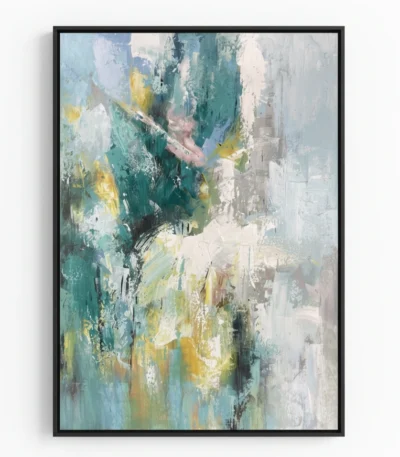 Layered abstract hand-painted canvas in teal, cream, and gold with gestural brushstrokes and textured depth, contemporary living space