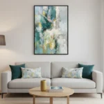 Layered abstract hand-painted canvas in teal, yellow, and cream with gestural brushstrokes, contemporary living space