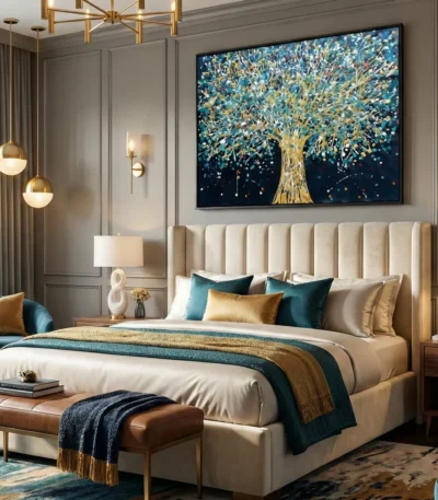 Contemporary hand-painted canvas depicting golden tree with cascading blue foliage, dark navy background, modern bedroom setting