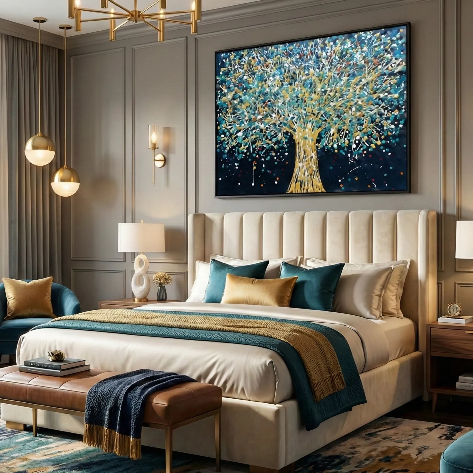 Golden Azure Arbor Vibrant drip tree painting pollock wall art (1) Contemporary hand-painted canvas depicting golden tree with cascading blue foliage, dark navy background, modern bedroom setting
