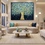 Gestural abstract hand-painted canvas depicting a luminous tree with teal, gold, and white brushstrokes on deep navy, contemporary living space