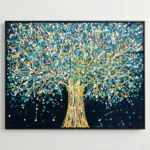 Gestural abstract hand-painted canvas depicting a luminous tree with golden trunk and multicolored foliage against dark night sky, white walls