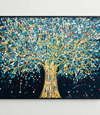 Gestural abstract hand-painted canvas depicting a luminous tree with golden trunk and multicolored foliage against dark night sky, white walls