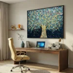 Textured hand-painted canvas of golden tree with teal and cream foliage against deep blue night sky, contemporary home office