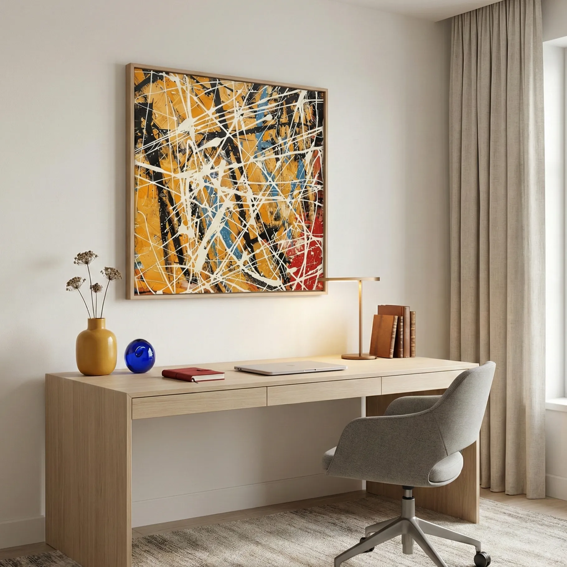 Golden Chaos Splatter Yellow, black, white, red drips pollock wall art (2) Gestural abstract expressionist hand-painted canvas in bold yellows, blues, and reds with dynamic white brushstrokes, contemporary workspace
