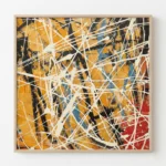 Gestural abstract expressionist canvas with energetic white linear marks overlaying bold ochre, navy, and red geometric shapes