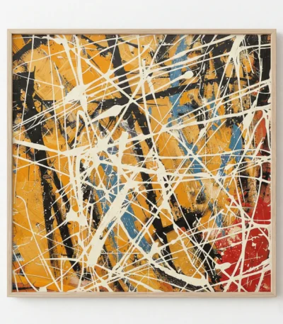 Gestural abstract expressionist canvas with energetic white linear marks overlaying bold ochre, navy, and red geometric shapes