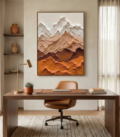 Textured landscape hand-painted canvas depicting layered mountains in cream, terracotta, and ochre tones, contemporary office setting