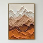 Textured landscape hand-painted canvas featuring snow-capped mountains layered in cream, terracotta, and deep brown tones