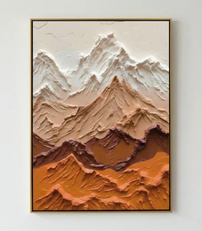 Textured landscape hand-painted canvas featuring snow-capped mountains layered in cream, terracotta, and deep brown tones