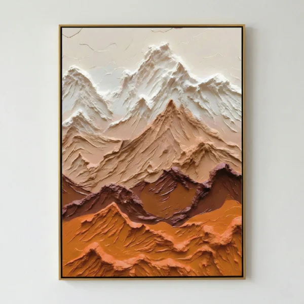 Textured landscape hand-painted canvas featuring snow-capped mountains layered in cream, terracotta, and deep brown tones