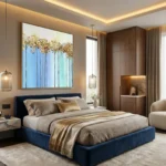 Contemporary landscape hand-painted canvas depicting golden trees against blue gradient sky, modern bedroom