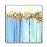Contemporary hand-painted canvas of golden autumn trees with elongated trunks against serene blue-to-turquoise gradient backdrop