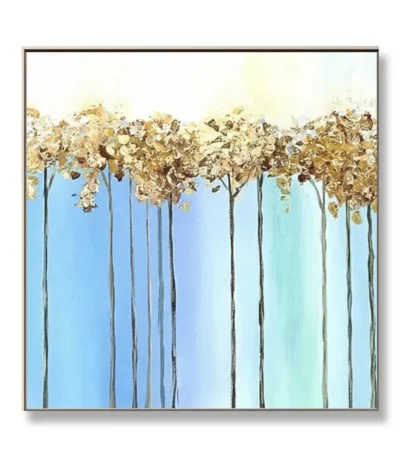 Contemporary hand-painted canvas of golden autumn trees with elongated trunks against serene blue-to-turquoise gradient backdrop