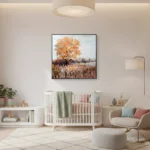 Impressionist landscape painting featuring a golden autumn tree above russet fields in warm ochre tones, nursery setting