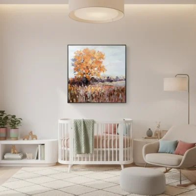 Impressionist landscape painting featuring a golden autumn tree above russet fields in warm ochre tones, nursery setting