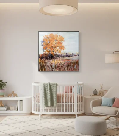 Impressionist landscape painting featuring a golden autumn tree above russet fields in warm ochre tones, nursery setting