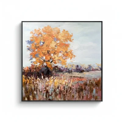 Impressionist landscape hand-painted canvas featuring golden autumn tree with purple and white accents over textured fields and distant water