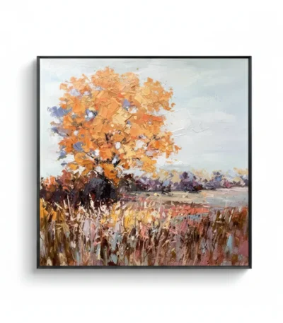 Impressionist landscape hand-painted canvas featuring golden autumn tree with purple and white accents over textured fields and distant water