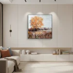 Impressionist landscape hand-painted canvas depicting golden autumn tree in warm ochre and burnt sienna tones, contemporary living space