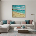 Impressionist coastal landscape hand-painted canvas with vibrant turquoise waters, sandy beach, and sailboats in warm and cool tones, contemporary living space