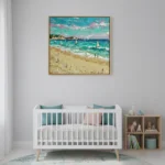 Impressionist hand-painted canvas depicting a sandy beach with turquoise waters and sailboats, rendered in vibrant coastal hues, styled in a nursery
