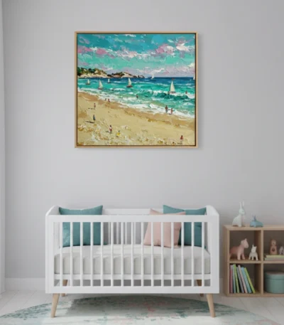 Impressionist hand-painted canvas depicting a sandy beach with turquoise waters and sailboats, rendered in vibrant coastal hues, styled in a nursery