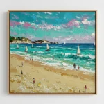 Impressionist hand-painted canvas depicting a vibrant beach scene with sailboats, swimmers, and sun-drenched sand in turquoise, cream, and pink tones