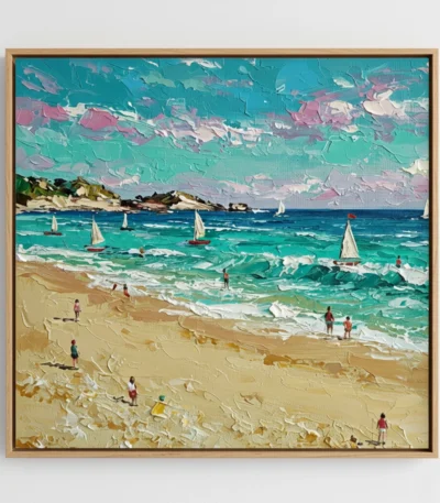 Impressionist hand-painted canvas depicting a vibrant beach scene with sailboats, swimmers, and sun-drenched sand in turquoise, cream, and pink tones