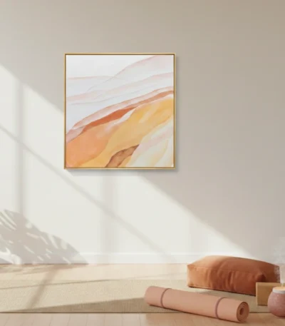 Layered abstract hand-painted canvas in warm terracotta, ochre, and cream flowing brushstrokes, contemporary space