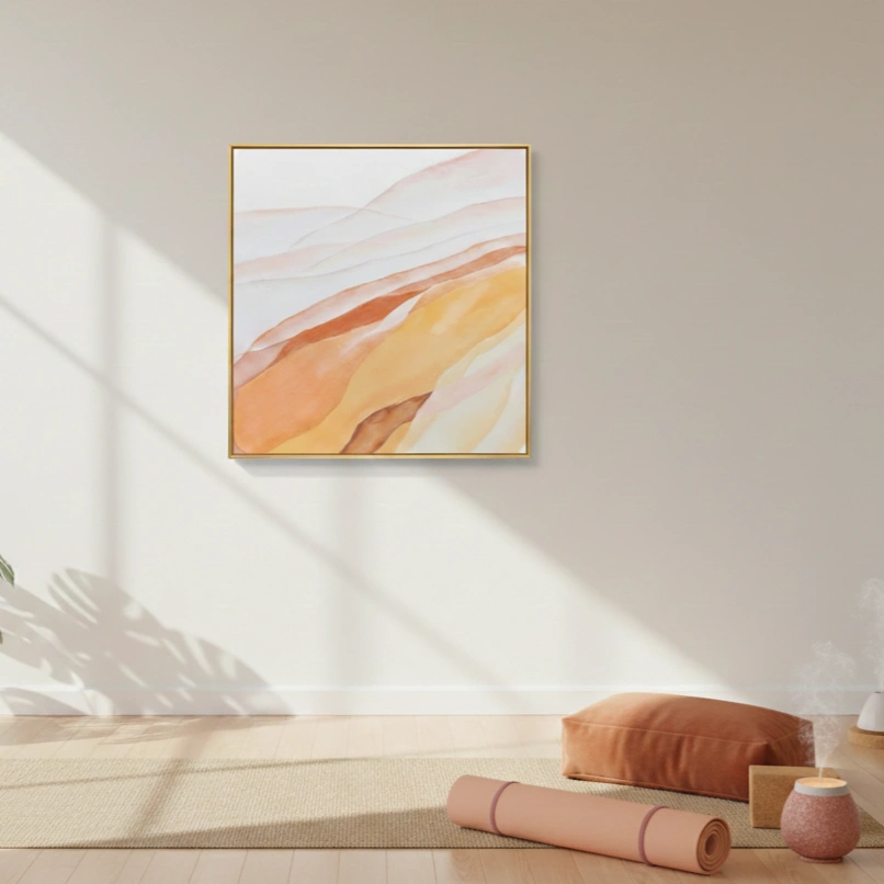 Golden Solace Soft layered desert mood abstract art (1.5) Layered abstract hand-painted canvas in warm terracotta, ochre, and cream flowing brushstrokes, contemporary space