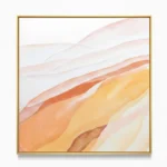 Layered abstract hand-painted canvas in warm terracotta, ochre and cream tones with flowing organic waves