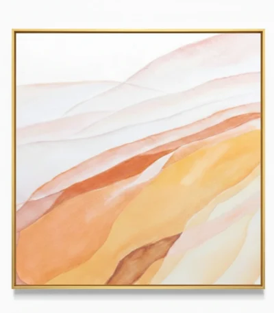Layered abstract hand-painted canvas in warm terracotta, ochre and cream tones with flowing organic waves