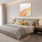 Layered abstract hand-painted canvas in warm ochre, coral, and cream tones, contemporary bedroom