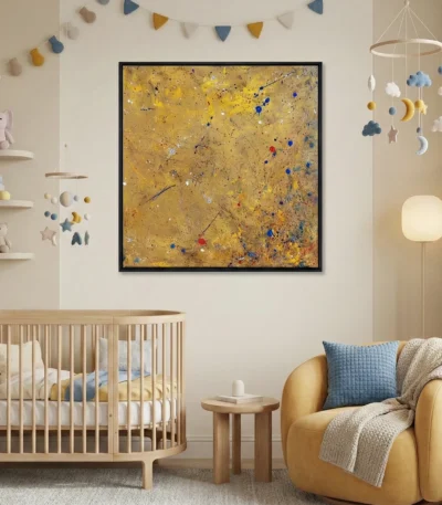 Abstract expressionist hand-painted canvas with gestural brushstrokes in golden yellow, blue, and red accents, nursery setting