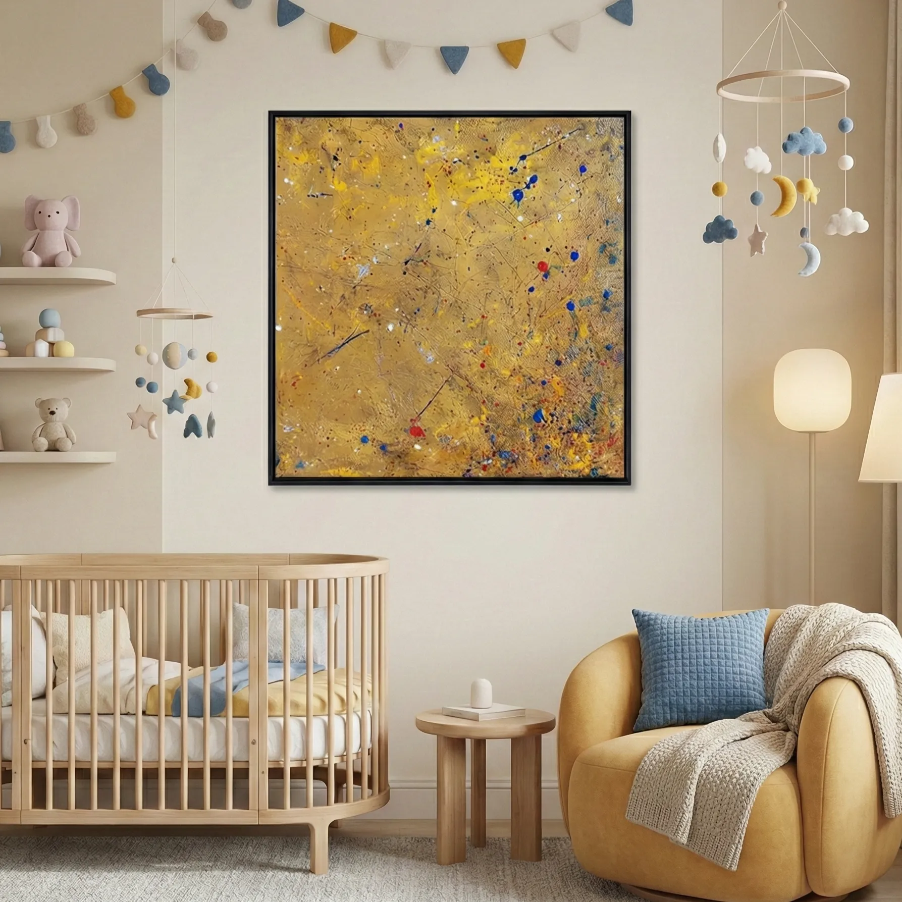 Golden Splatter Golden canvas with colorful drips pollock wall art (1) Abstract expressionist hand-painted canvas with gestural brushstrokes in golden yellow, blue, and red accents, nursery setting