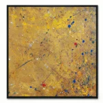 Abstract expressionist hand-painted canvas with gestural yellow, blue, and red drips across textured gold ground