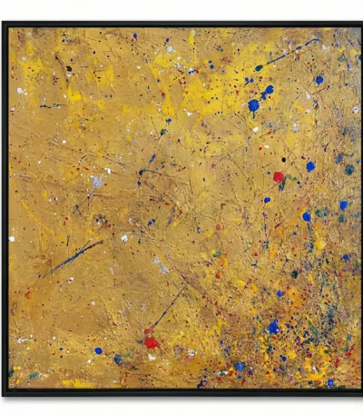 Abstract expressionist hand-painted canvas with gestural yellow, blue, and red drips across textured gold ground