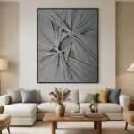 Abstract hand-painted canvas with radiating monochromatic line work and dimensional layering in grey tones, contemporary living space