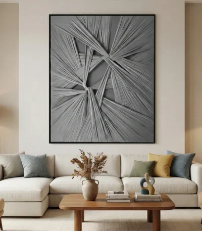 Abstract hand-painted canvas with radiating monochromatic line work and dimensional layering in grey tones, contemporary living space