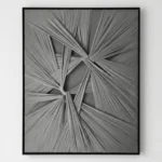Textured abstract hand-painted canvas with radiating linear strokes converging at center in monochrome grays and blacks