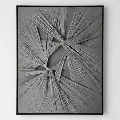 Textured abstract hand-painted canvas with radiating linear strokes converging at center in monochrome grays and blacks