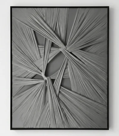 Textured abstract hand-painted canvas with radiating linear strokes converging at center in monochrome grays and blacks