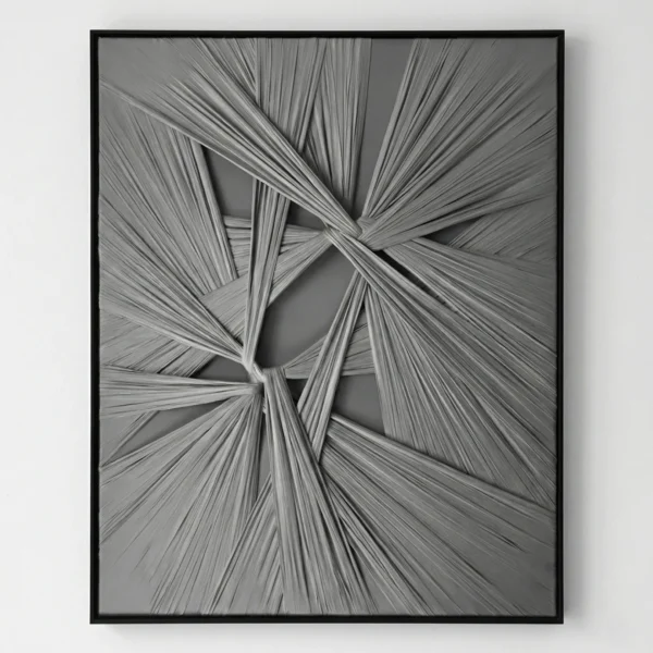 Textured abstract hand-painted canvas with radiating linear strokes converging at center in monochrome grays and blacks