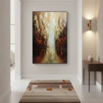 Layered abstract hand-painted canvas depicting an ethereal cityscape in warm ochres, deep reds, and luminous cream tones, modern entryway