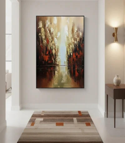 Layered abstract hand-painted canvas depicting an ethereal cityscape in warm ochres, deep reds, and luminous cream tones, modern entryway